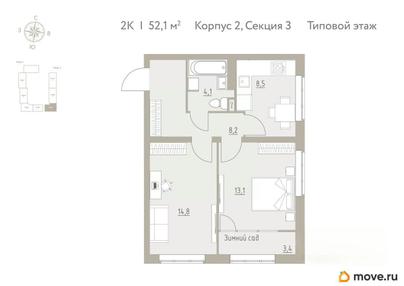 3-комн. квартира, 52.1 м&sup2;