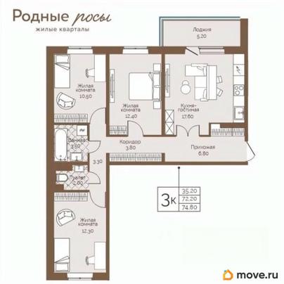 3-комн. квартира, 74.8 м&sup2;