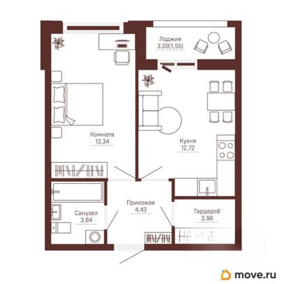 1-комн. квартира, 38.64 м&sup2;