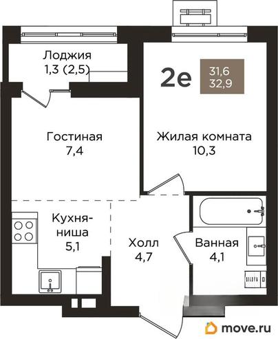 2-комн. квартира, 32.9 м&sup2;