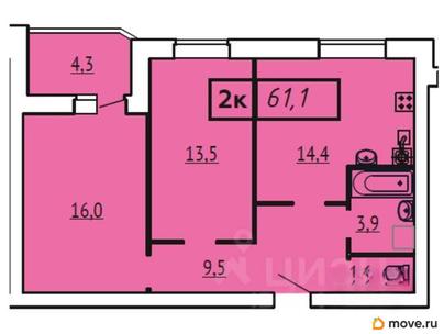 2-комн. квартира, 61.1 м&sup2;
