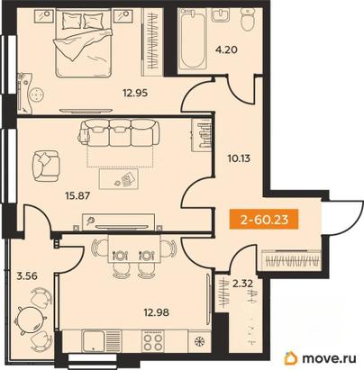 2-комн. квартира, 60.23 м&sup2;
