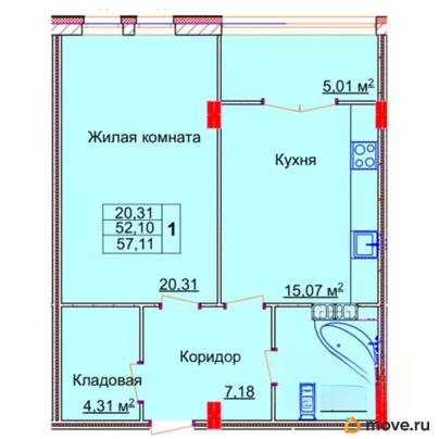 1-комн. квартира, 57.11 м&sup2;