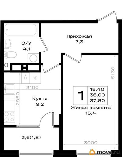 1-комн. квартира, 37.8 м&sup2;