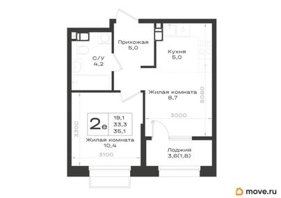 2-комн. квартира, 35.1 м&sup2;