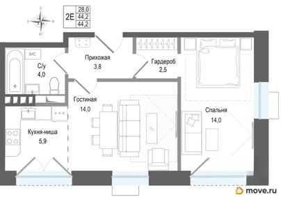 2-комн. квартира, 44.2 м&sup2;