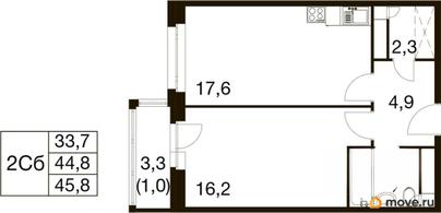 1-комн. квартира, 44.5 м&sup2;