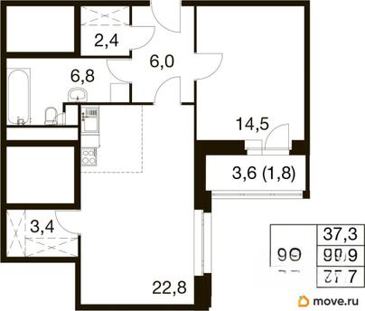 2-комн. квартира, 55.6 м&sup2;