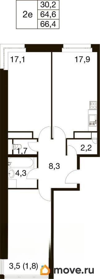 3-комн. квартира, 64.3 м&sup2;
