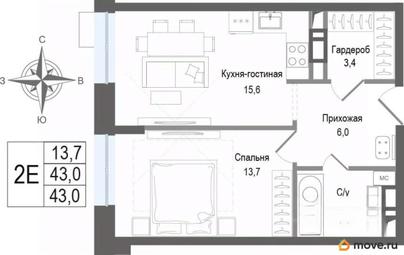 2-комн. квартира, 43.1 м&sup2;