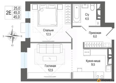 2-комн. квартира, 45 м&sup2;