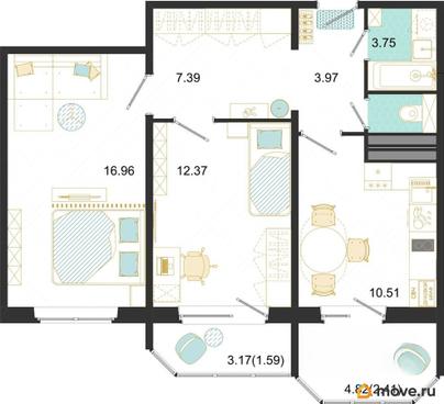 2-комн. квартира, 58.95 м&sup2;