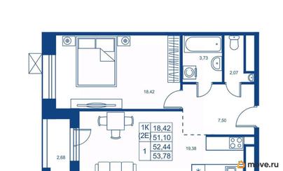 1-комн. квартира, 51.1 м&sup2;