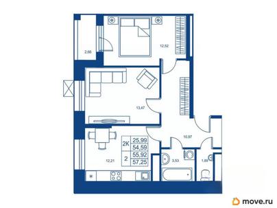 2-комн. квартира, 54.59 м&sup2;