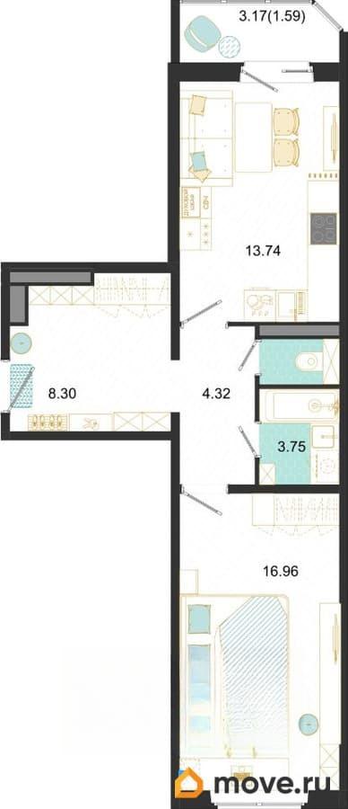 1-комн. квартира, 48.66 м&sup2;
