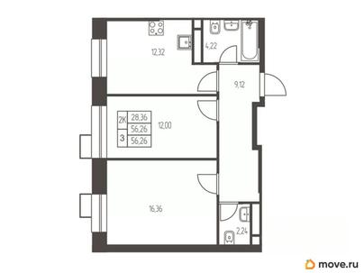 2-комн. квартира, 56.3 м&sup2;