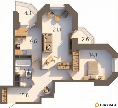 2-комн. квартира, 68.3 м&sup2;