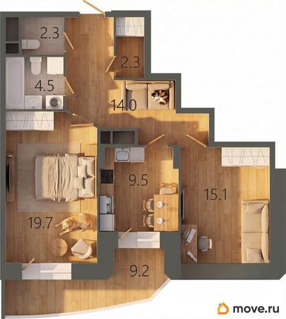 2-комн. квартира, 70.6 м&sup2;