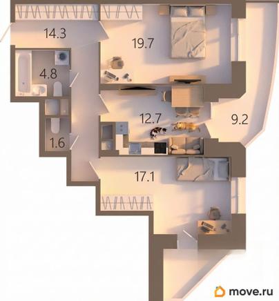 2-комн. квартира, 74.9 м&sup2;