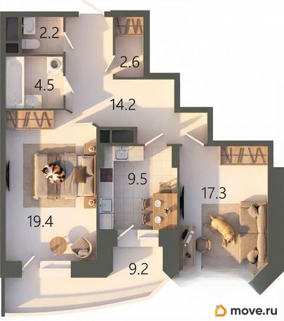 2-комн. квартира, 72.4 м&sup2;