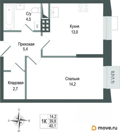 1-комн. квартира, 39.8 м&sup2;