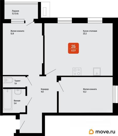 2-комн. квартира, 63.9 м&sup2;