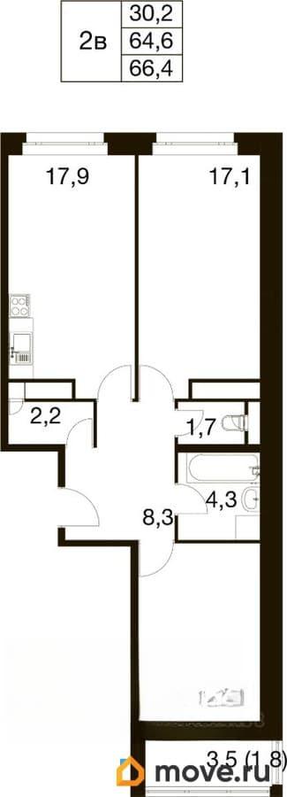 3-комн. квартира, 63.9 м&sup2;