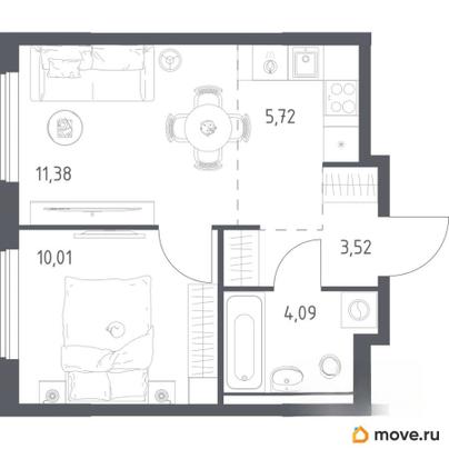 1-комн. квартира, 34.72 м&sup2;