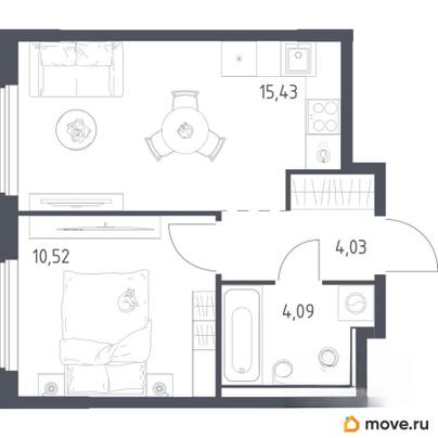 1-комн. квартира, 34.07 м&sup2;