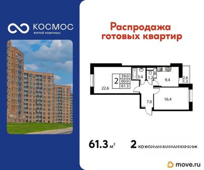 2-комн. квартира, 61.3 м&sup2;