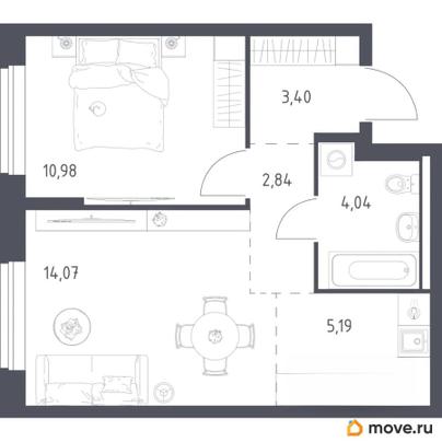 1-комн. квартира, 40.52 м&sup2;