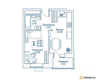 1-комн. квартира, 34.68 м&sup2;