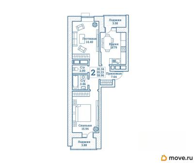 2-комн. квартира, 58.96 м&sup2;