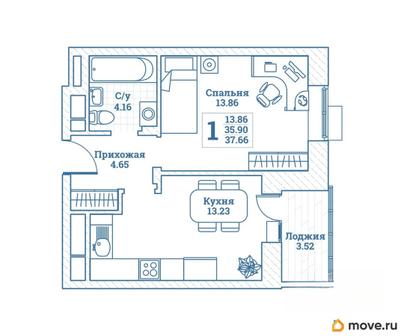1-комн. квартира, 37.66 м&sup2;