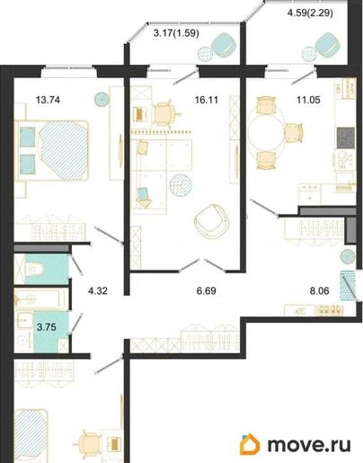 3-комн. квартира, 84.56 м&sup2;