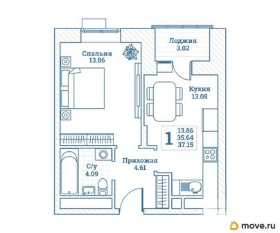 1-комн. квартира, 37.15 м&sup2;