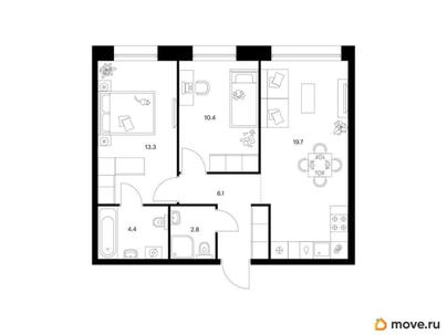2-комн. квартира, 56.7 м&sup2;