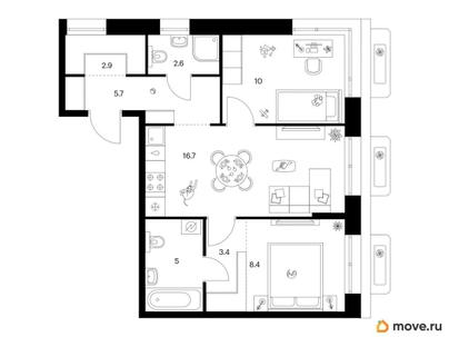 2-комн. квартира, 54.7 м&sup2;