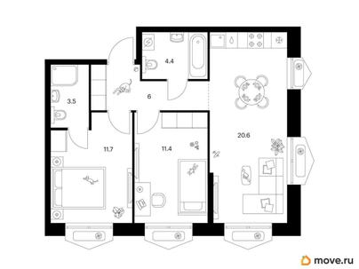 2-комн. квартира, 57.6 м&sup2;