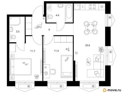 2-комн. квартира, 57.6 м&sup2;