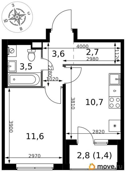 1-комн. квартира, 33.5 м&sup2;